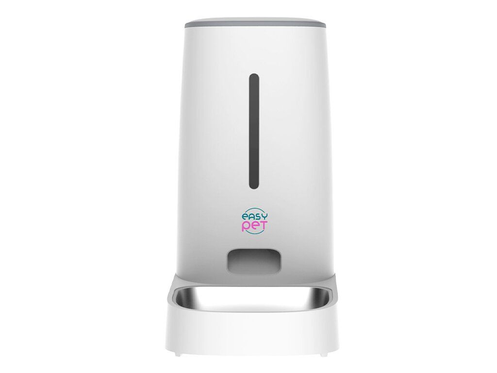 Distributore automatico di cibo bianco con ciotola in acciaio inox. Logo EASY PET. Display trasparente verticale.