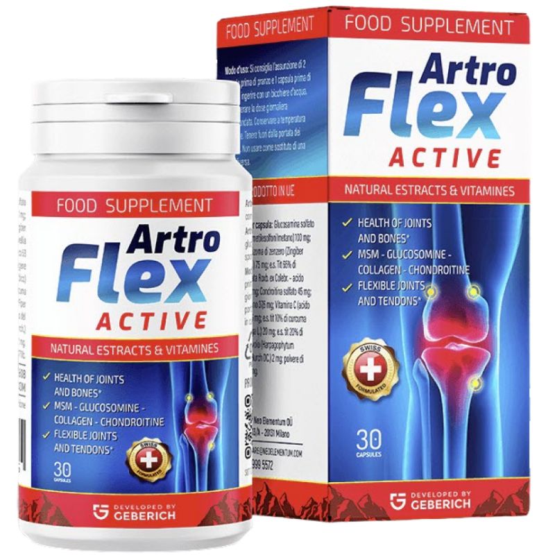 Flacone e scatola di integratore alimentare. Scritta: ArtroFlex Active. Contiene 30 capsule. Swiss Quality.