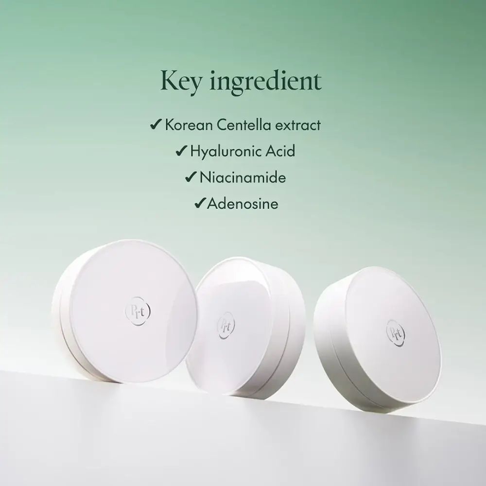 Tre contenitori compatti cushion chiusi. Testo: Ingrediente chiave. Ingredienti elencati.