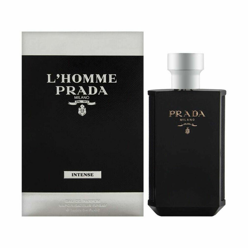 Flacone e confezione neri. Scritta: L'HOMME PRADA MILANO INTENSE. Tappo argentato. Forma rettangolare.