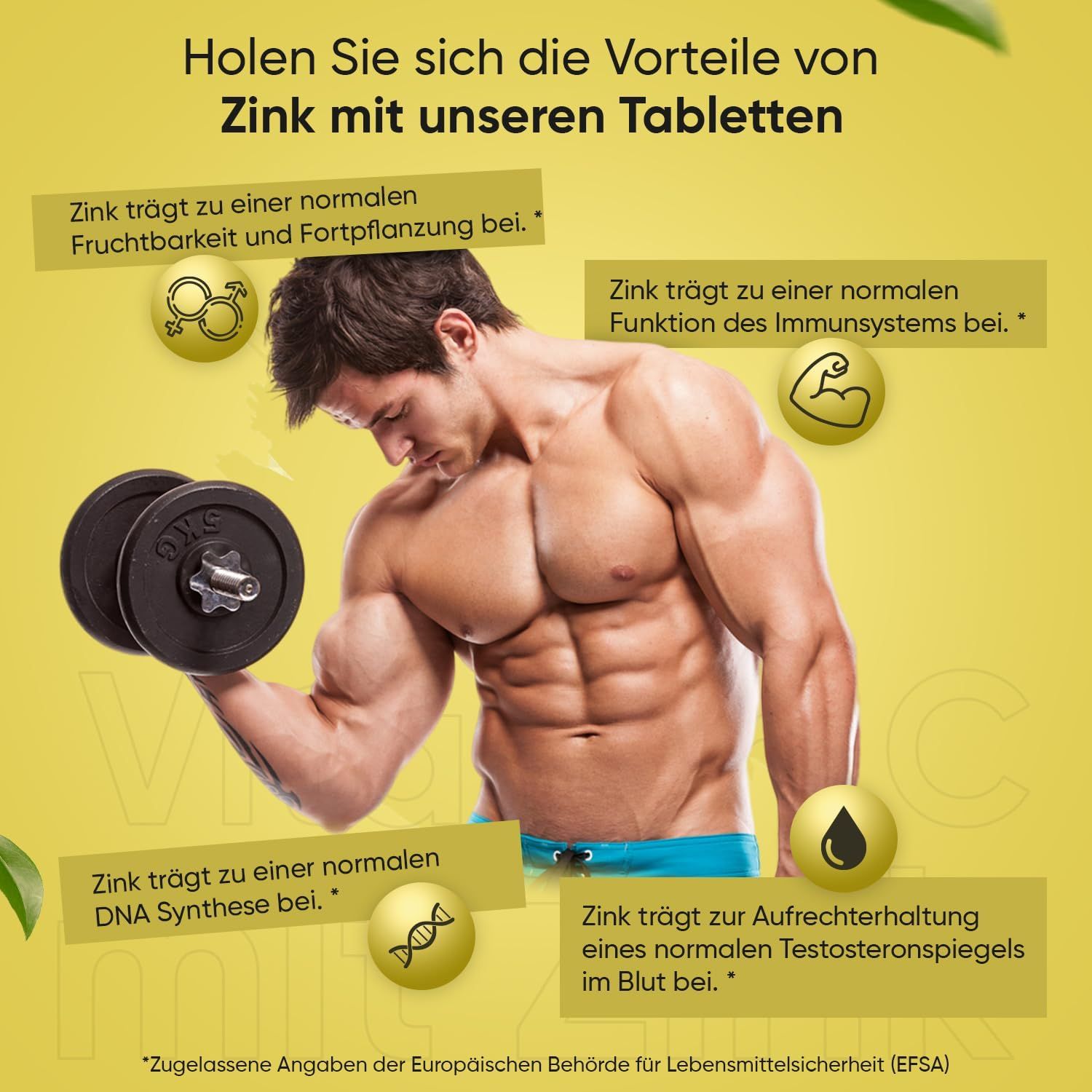 Uomo che si allena con i pesi. Testo: Lo zinco contribuisce alla normale fertilità, al sistema immunitario, alla sintesi del DNA e ai livelli di testosterone.