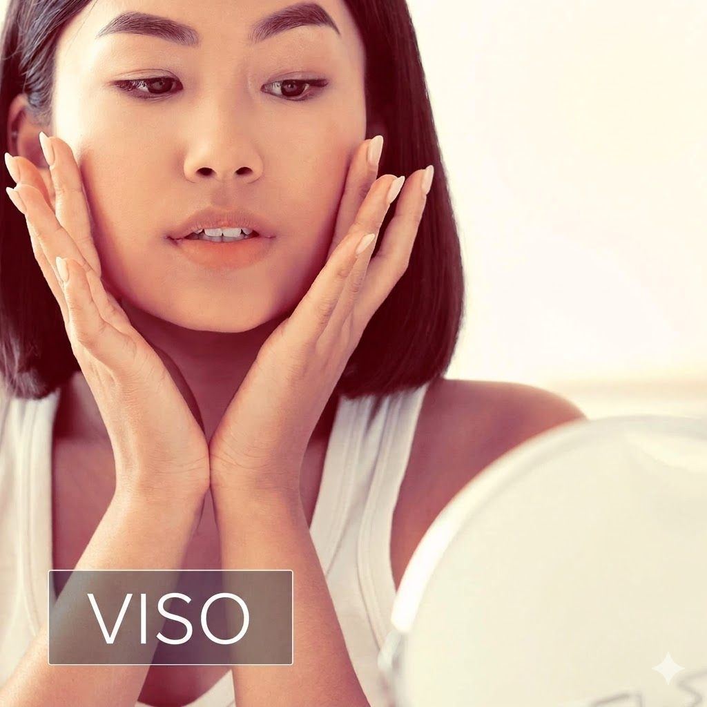 Donna tocca il viso. Testo: VISO.