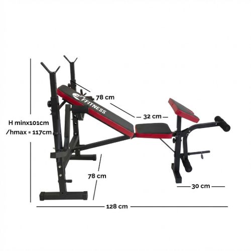 Panca fitness con dimensioni: altezza min. 101cm, max. 117cm, larghezza 128cm, profondità 30cm. Imbottitura rossa e nera.