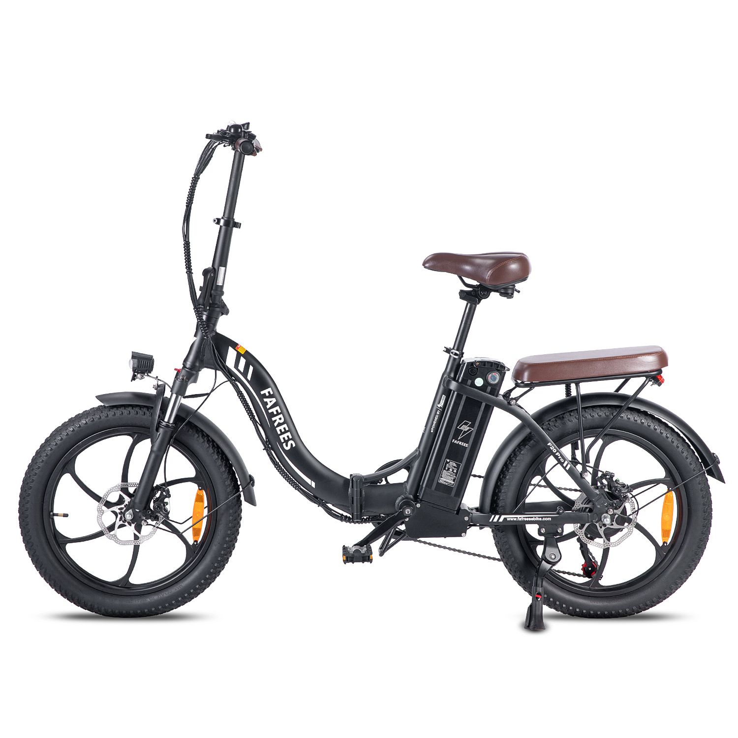 E-bike Fafrees F20 Pro nera con sella e pneumatici marroni. Dettagli visibili: marchio, fari, parafanghi.