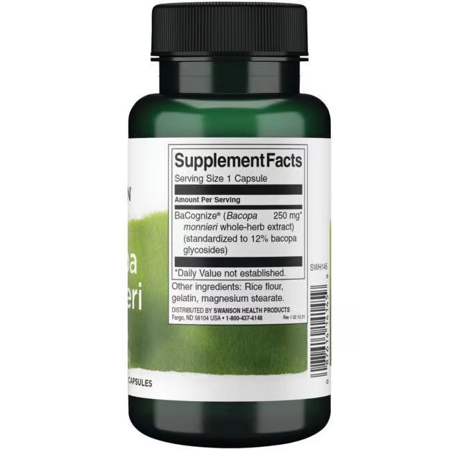 Retro del flacone verde. Scritta: Supplement Facts, BaCognize (Bacopa monnieri) 250 mg. Ingredienti: farina di riso, gelatina, magnesio stearato.