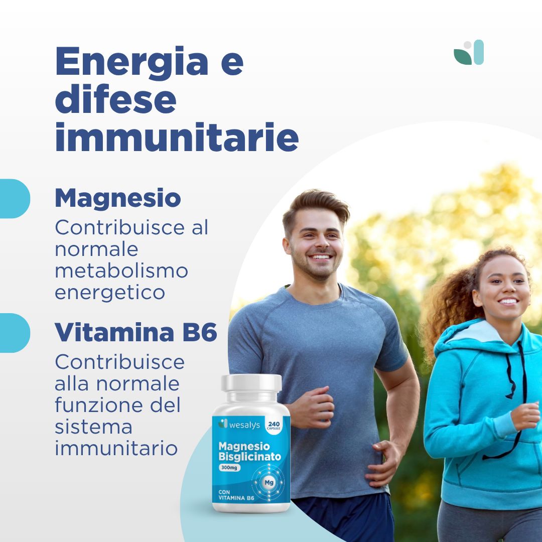 Immagine pubblicitaria. Due persone fanno jogging. Alberi sullo sfondo. Flacone con etichetta blu. Scritto: Magnesio Bisglicinato. Marchio: wesalys.