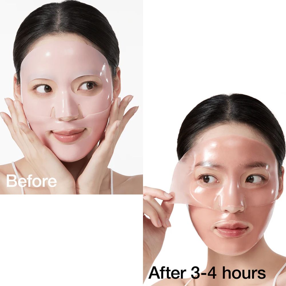 Due immagini: effetto prima-dopo con la maschera collagene illuminante Anua Peach 70 Niacin. La maschera viene rimossa.