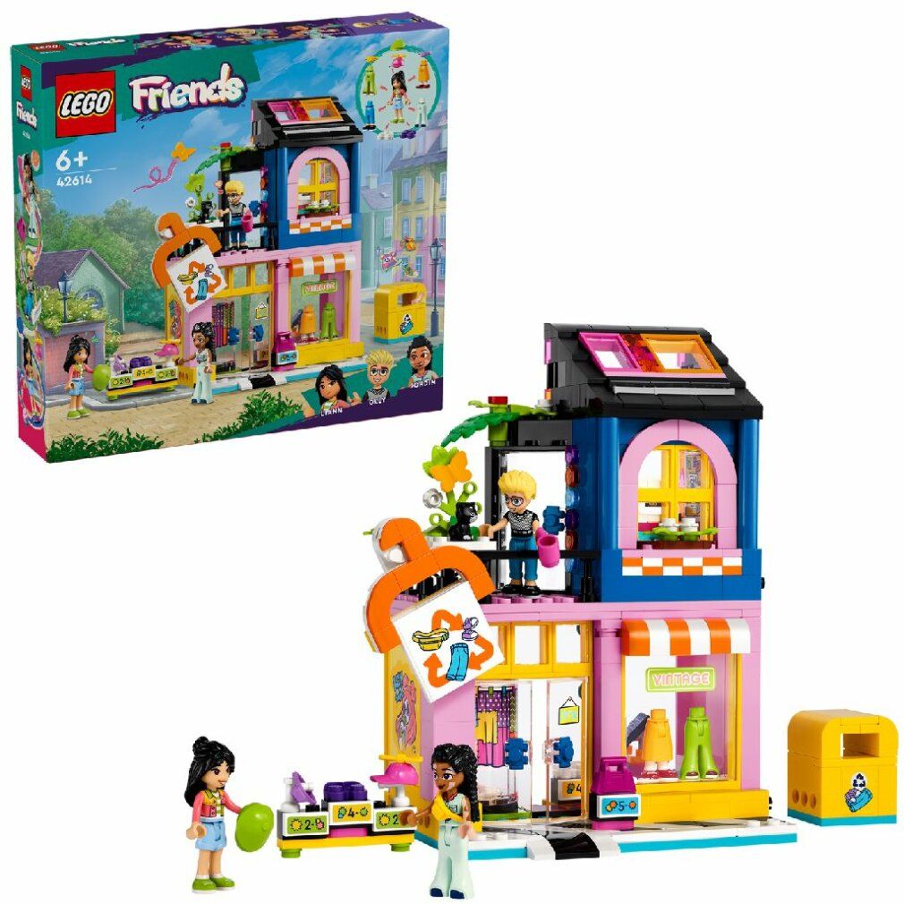 LEGO Friends 42614. Set con edificio, personaggi e accessori. Confezione sullo sfondo. Edificio a due piani e personaggi.