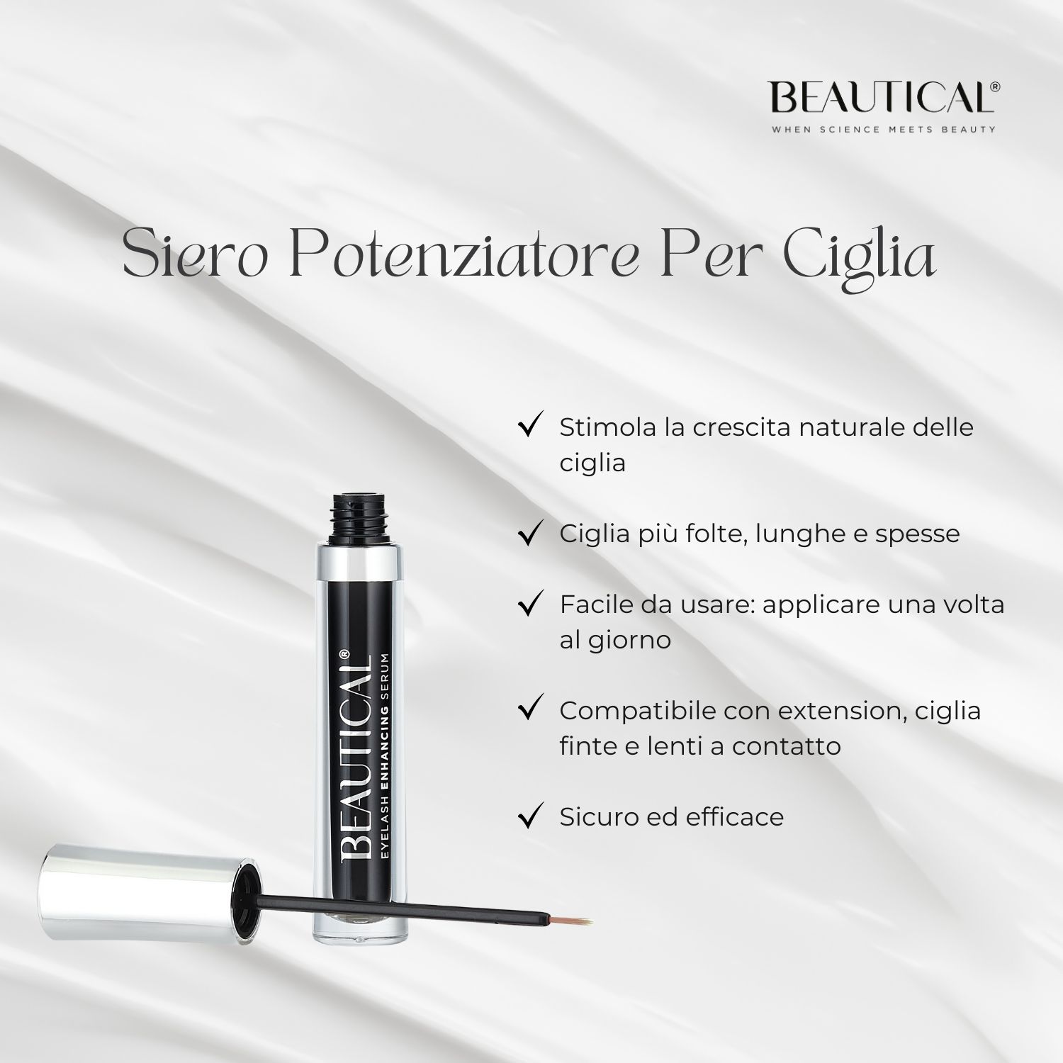 Siero per ciglia BEAUTICAL. Flacone nero con applicatore. Tappo argentato. Vantaggi.