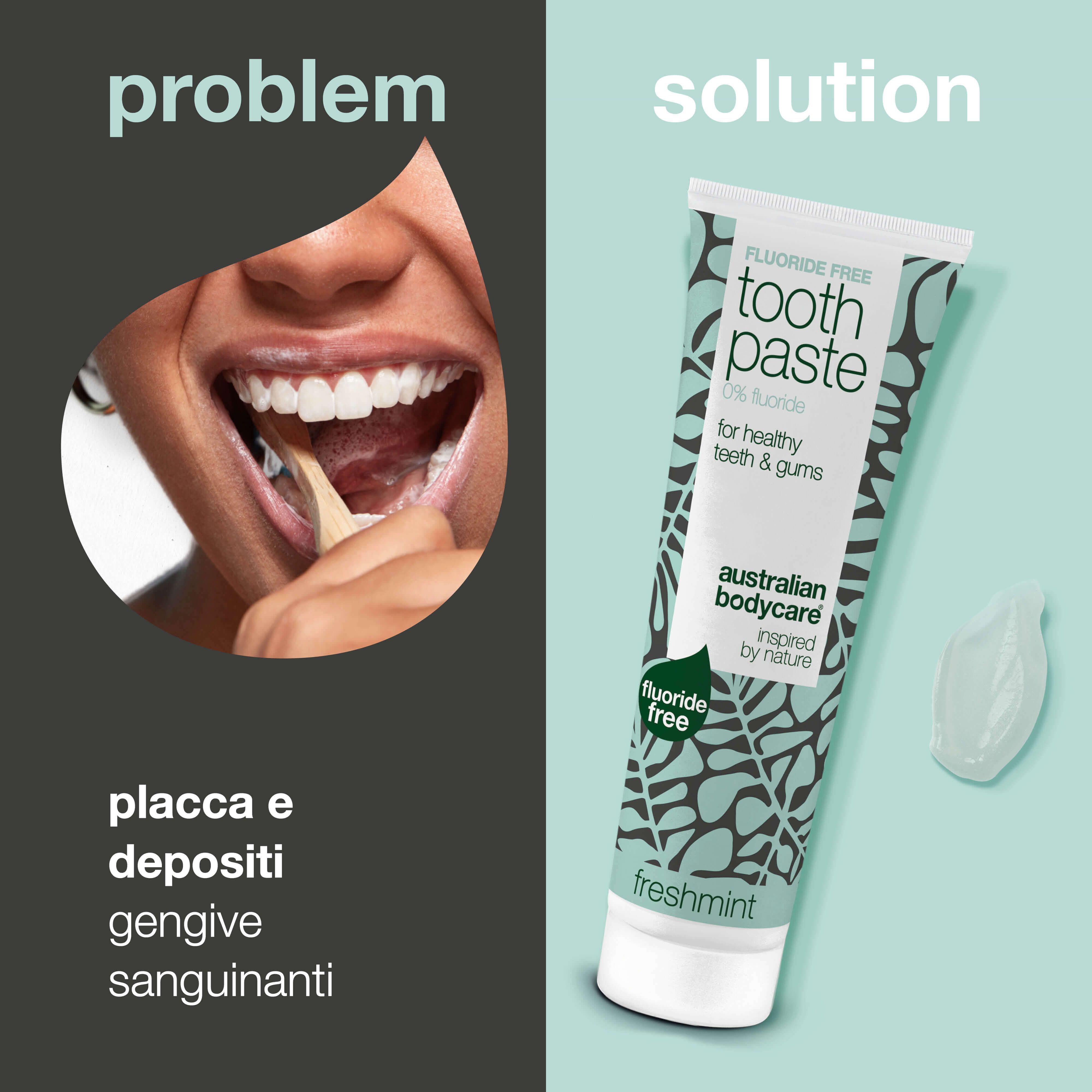 Tubo di dentifricio accanto a bocca con spazzolino. Scritta: Fluoride Free, Toothpaste, 0% fluoride, per denti e gengive sani.
