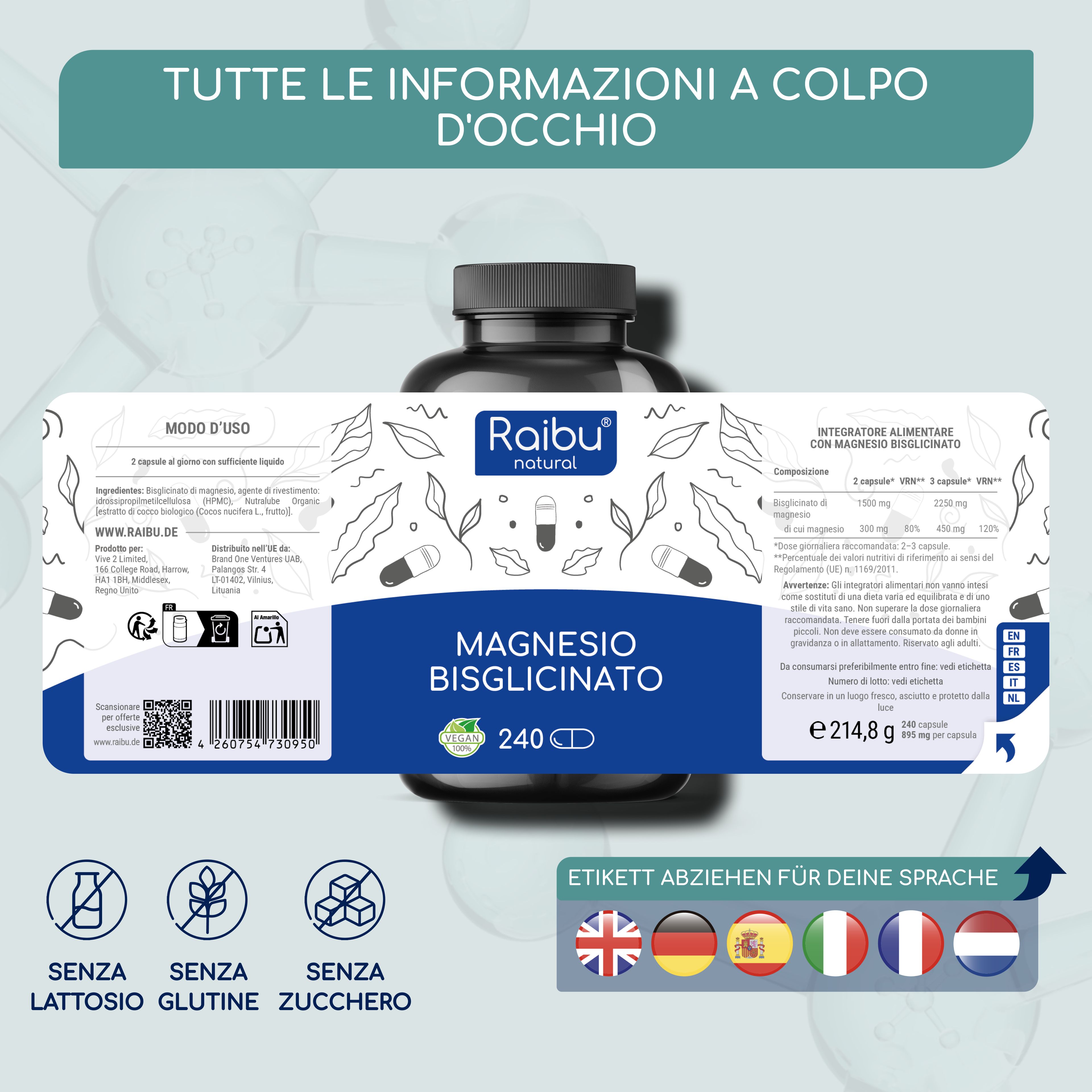 Flacone di bisglicinato di magnesio. Etichetta con informazioni sul prodotto. Senza lattosio, glutine, zucchero.