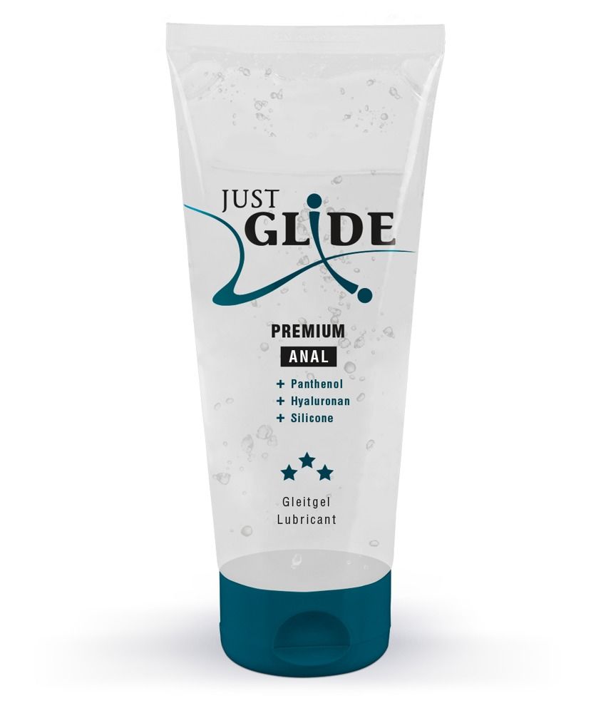 Gel lubrificante trasparente in tubo. Scritta: JUST GLIDE PREMIUM ANAL. Contiene pantenolo, ialuronano, silicone. Tappo blu.