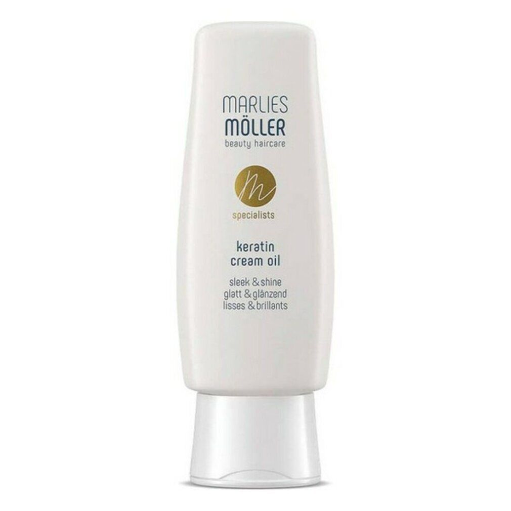 Flacone bianco con etichetta. Scritta: Marlies Möller, Keratin Cream Oil. Testo in tedesco, inglese e francese.