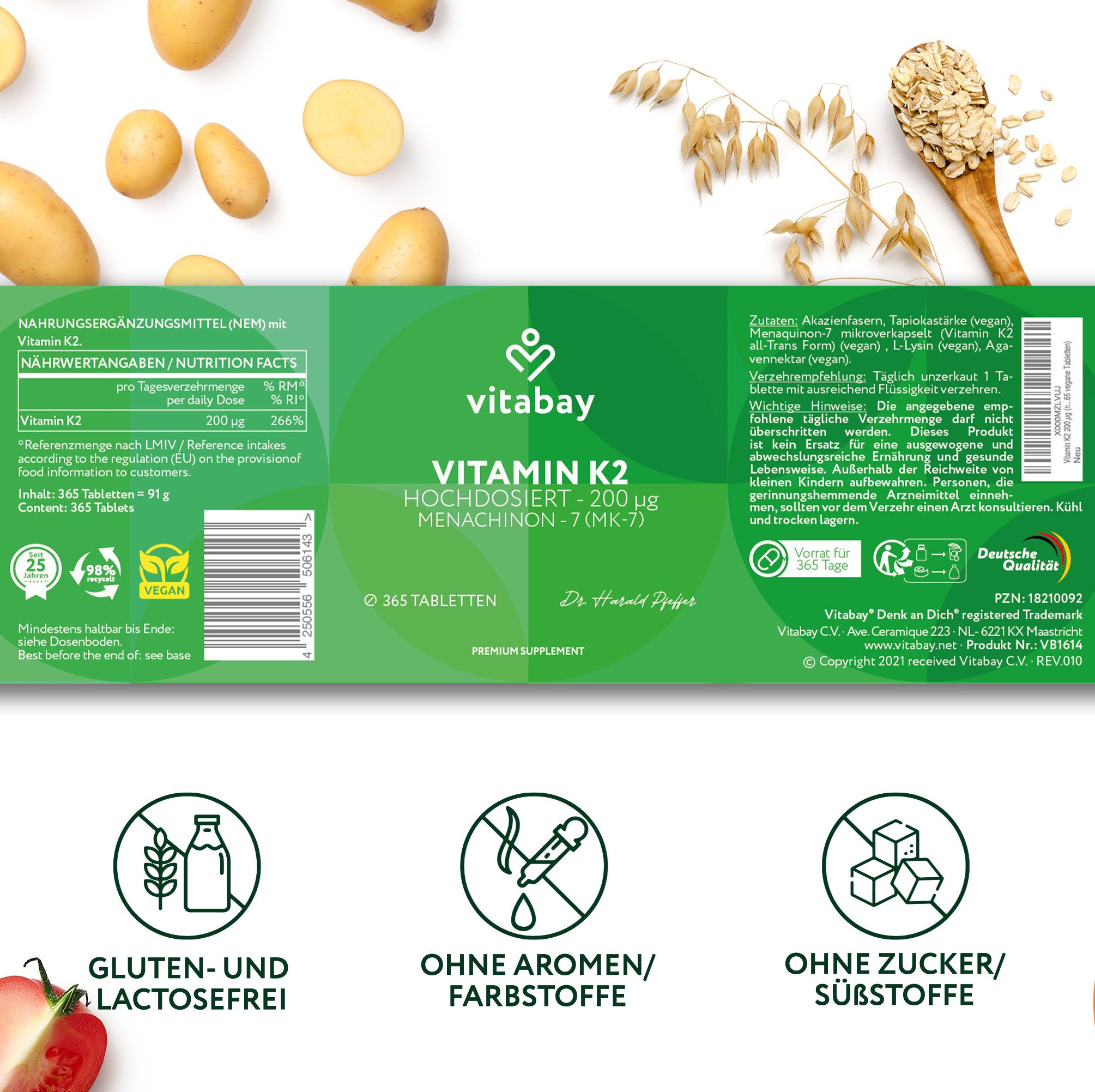 Retro della confezione di "Vitabay Vitamin K2". Contiene informazioni nutrizionali e certificazioni. Senza glutine e lattosio.