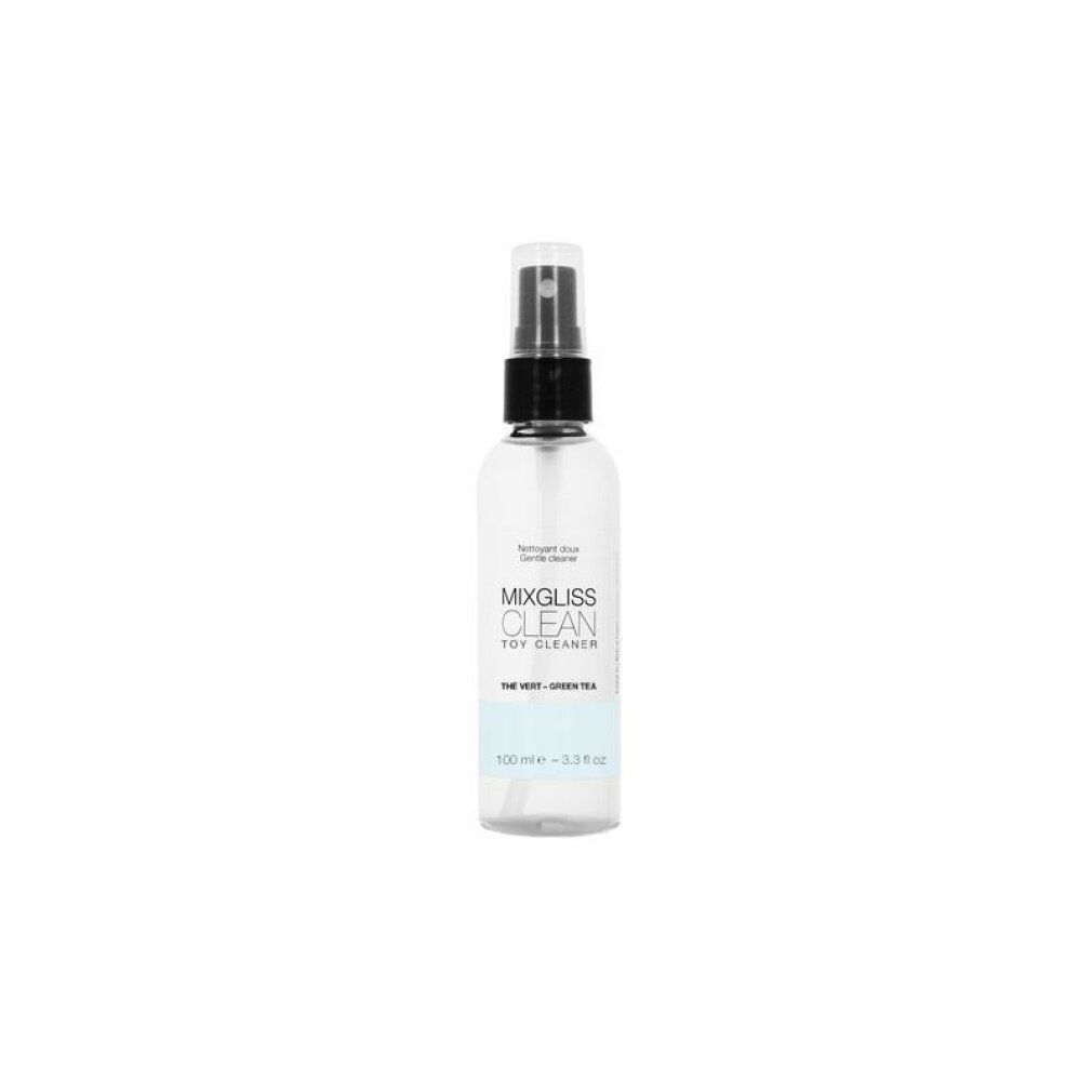 Flacone spray trasparente con erogatore nero. Scritta: Mixgliss Clean Toy Cleaner. Accenti blu e verdi. 100 ml.