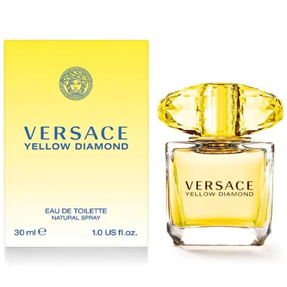 Flacone e confezione gialli Versace Yellow Diamond. Flacone con tappo di cristallo. Scritta: Versace, Yellow Diamond, Eau de Toilette.