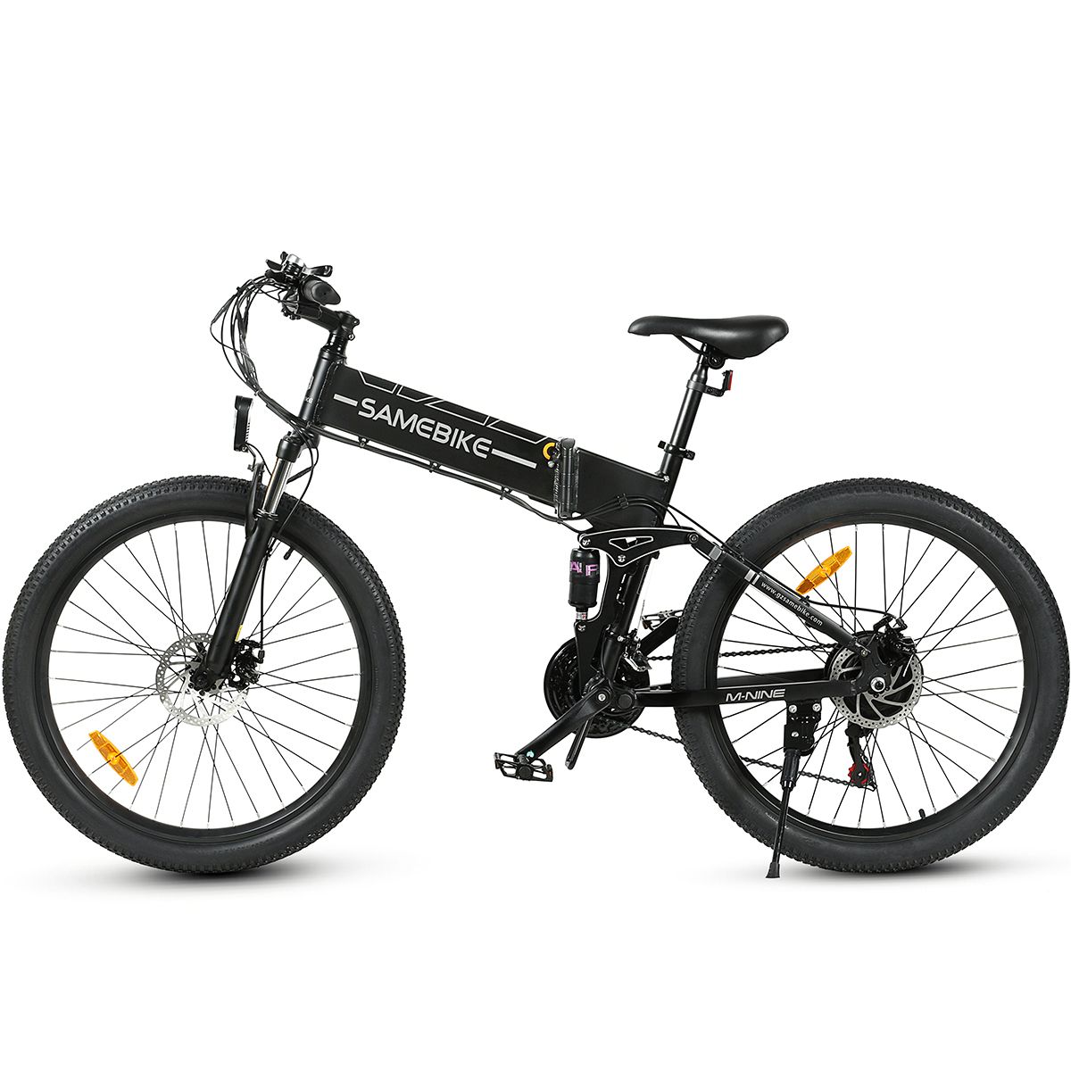 Bicicletta elettrica nera. Ruote, sella, manubrio e batteria visibili. Marchio SAMEBIKE.