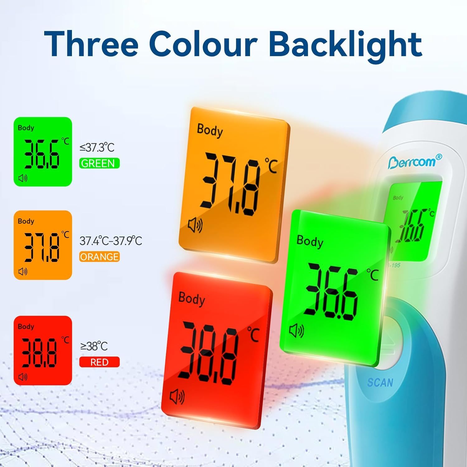 Termometro con retroilluminazione colorata. Verde, arancione e rosso indicano i valori di temperatura. Marchio: Berrcom.