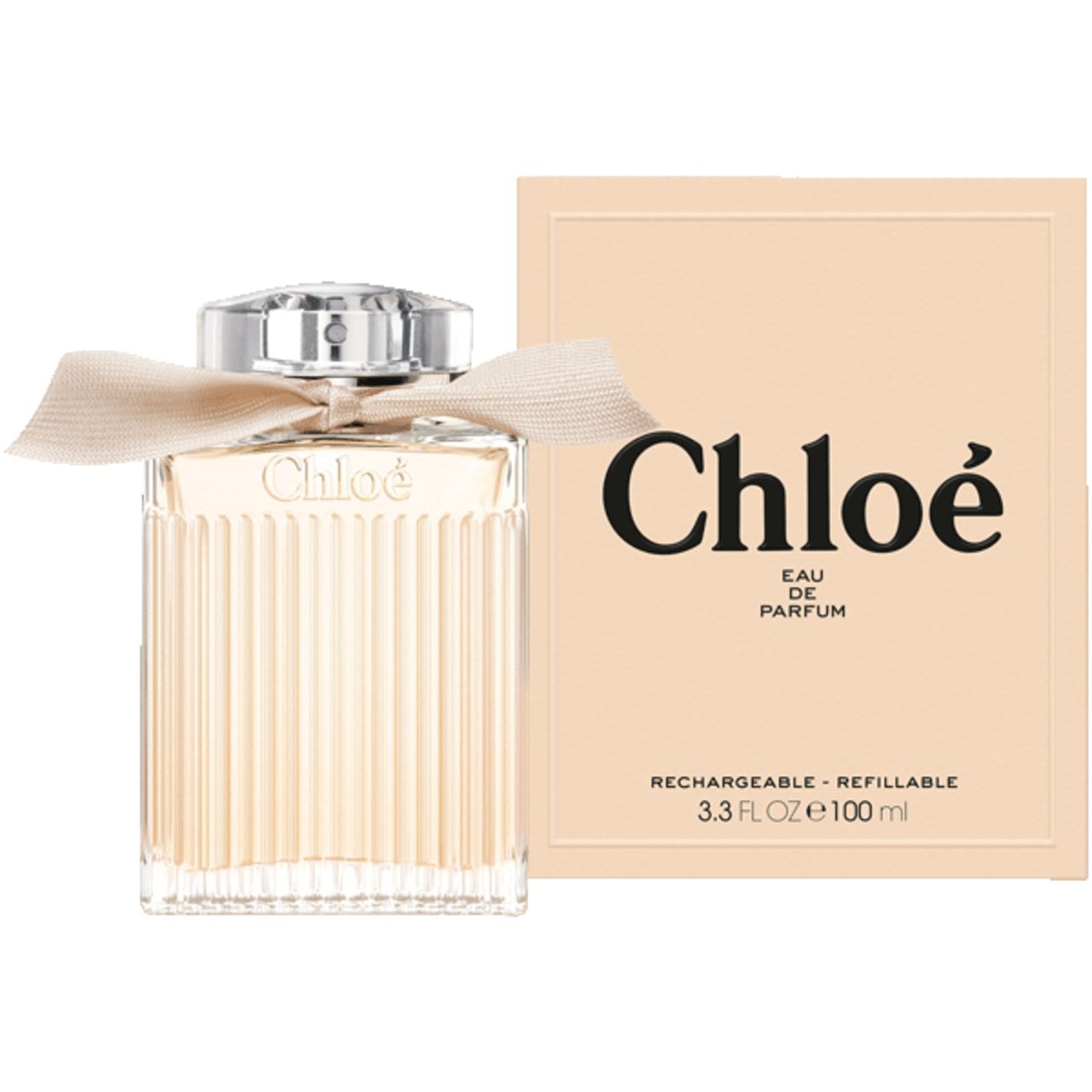 Flacone e confezione. Flacone con nastro e tappo. Confezione con 'Chloé Eau de Parfum' e 'Rechargeable'.