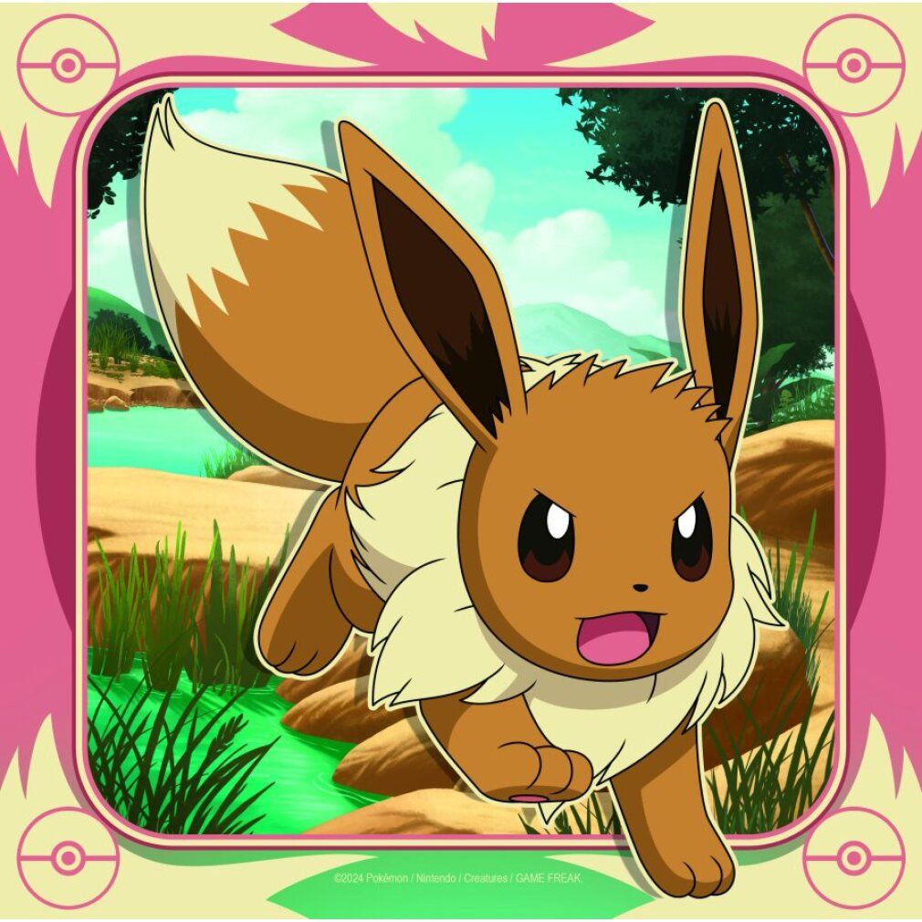 Motivo puzzle: Eevee, un Pokémon. Pokémon marrone con pelliccia color crema e orecchie lunghe, su sfondo rosa.