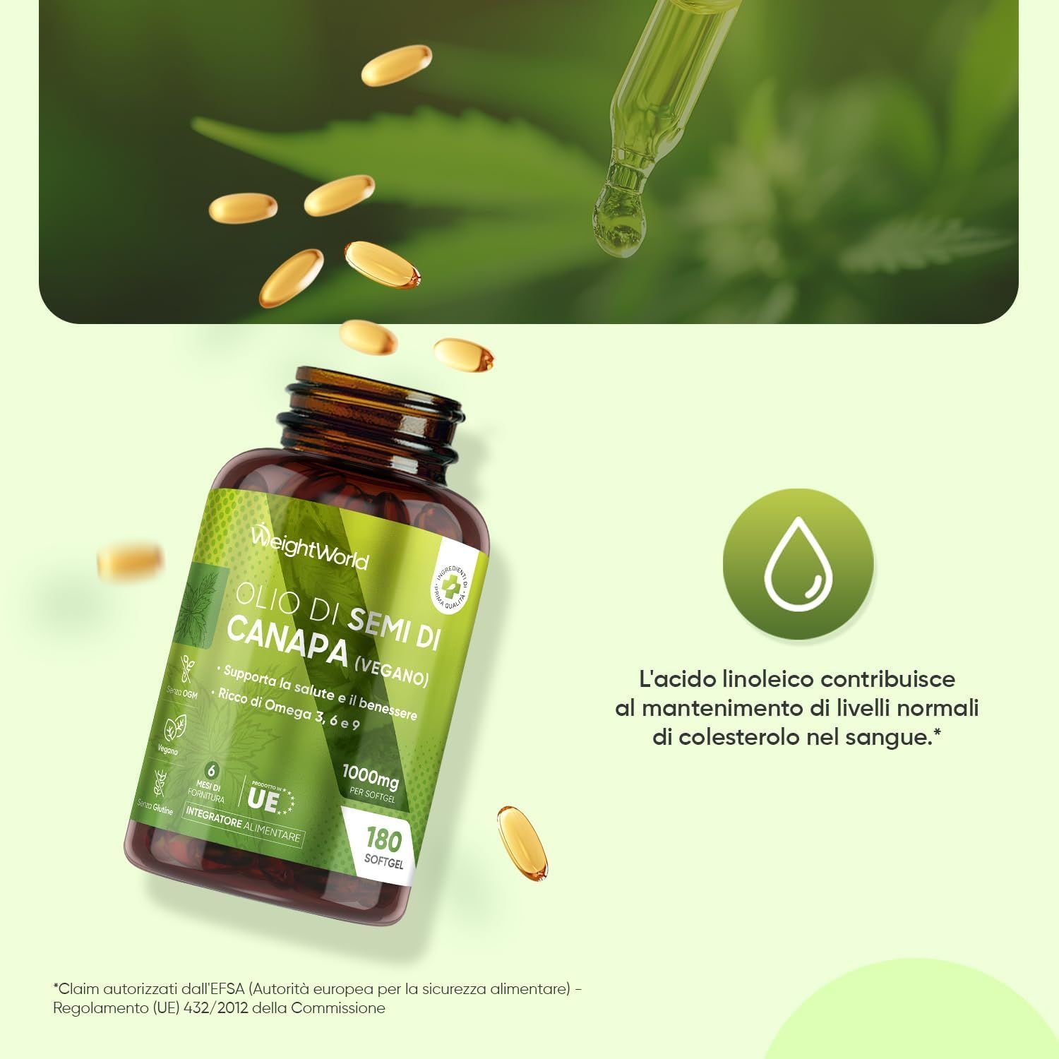 Immagine del prodotto con capsule e pipetta. Testo: Olio di semi di canapa (Vegano). 180 capsule. Testo sul colesterolo.