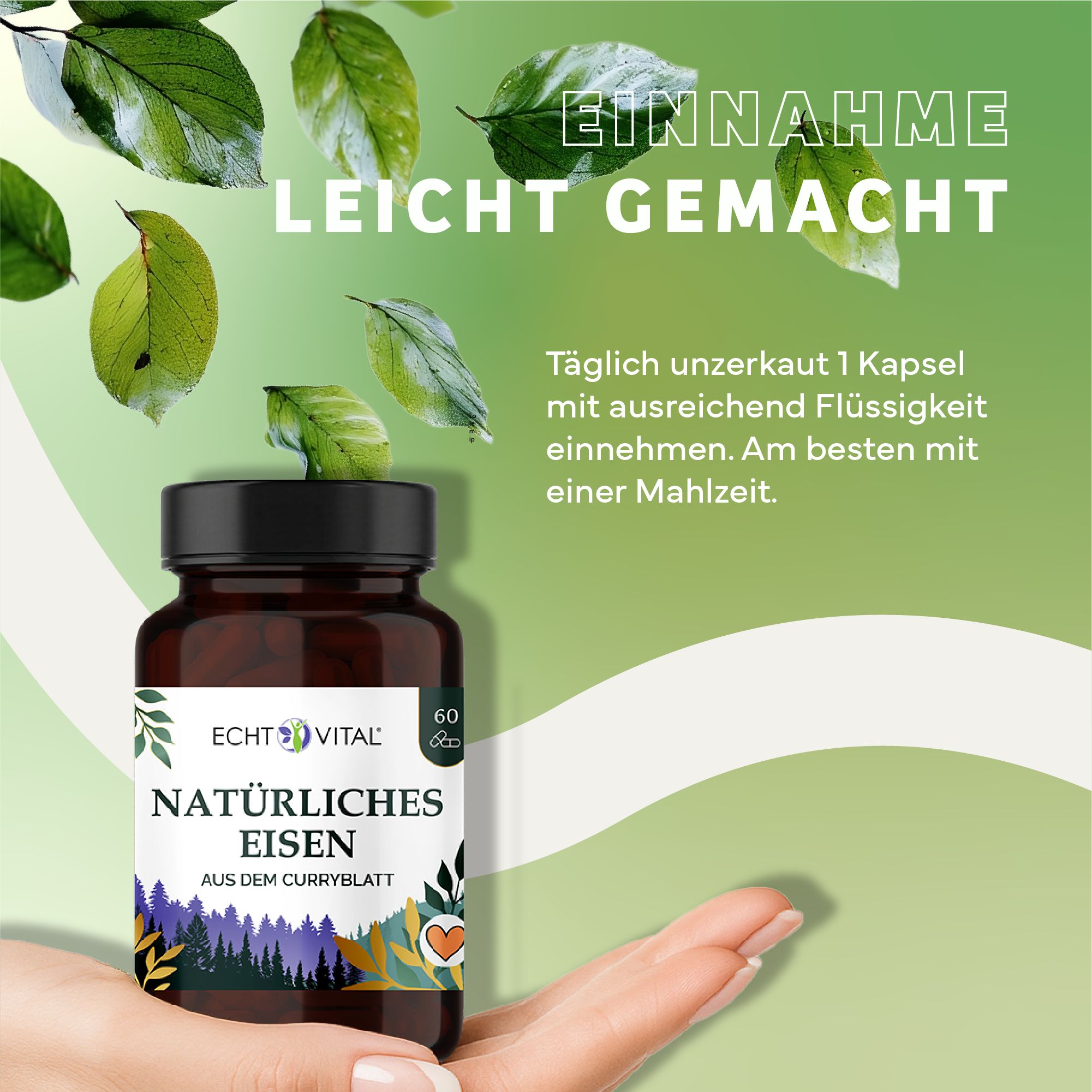 Mano che tiene una bottiglia di Ferro Naturale Echt Vital, capsule facili da assumere.