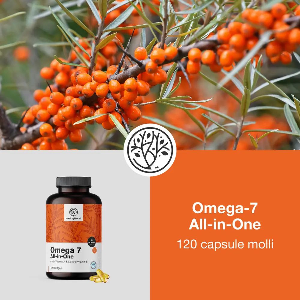 Flacone marrone di Omega-7 All-in-One, 120 capsule molli. Rami di olivello spinoso e bacche sullo sfondo.