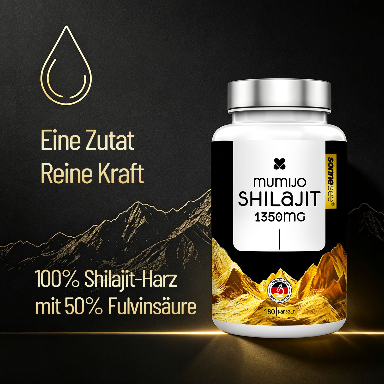 Flacone di Mumijo Shilajit 1350mg con 180 capsule. Contiene 100% resina di Shilajit con 50% di acido fulvico.