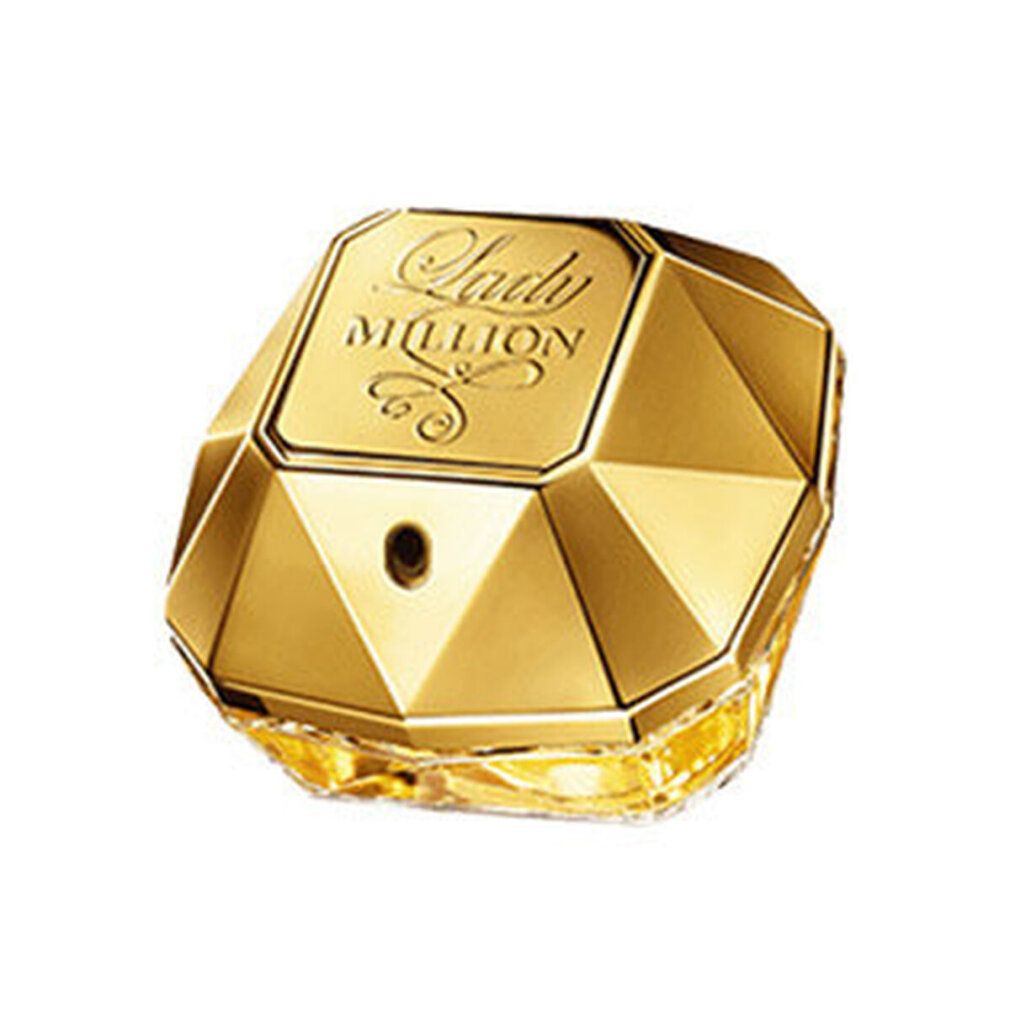 Flacone dorato. Scritta Lady Million. Forma angolare.