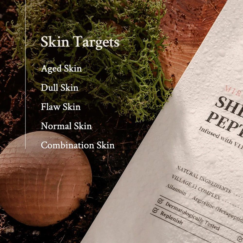 Informazioni sul prodotto su carta. Testo: Miracle Youth Sheet Mask Peptide. Ingredienti naturali, dermatologicamente testato.