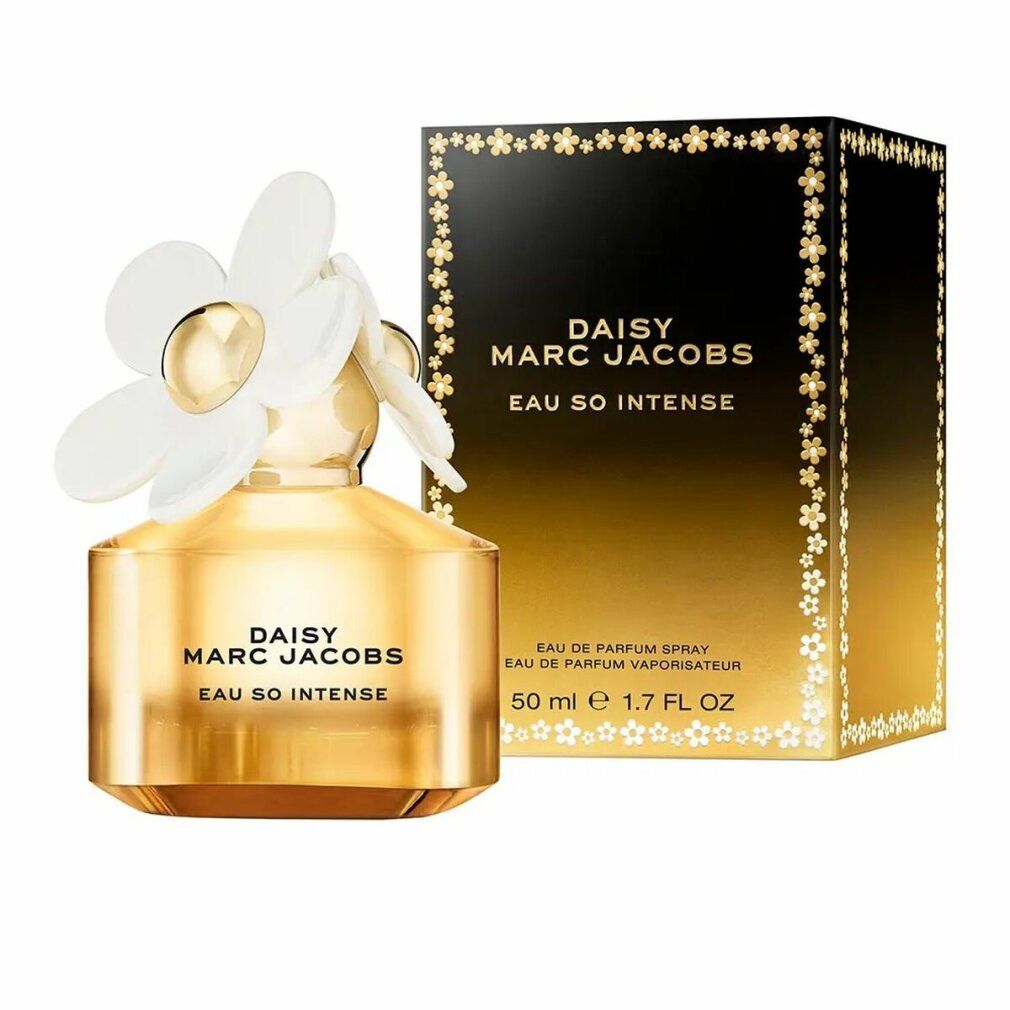 Flacone dorato con fiore bianco e confezione. Scritta: Daisy Marc Jacobs Eau So Intense.