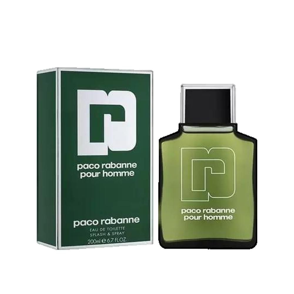 Paco Rabanne Pour Homme Eau de Toilette e confezione. Verde con logo e testo bianchi.