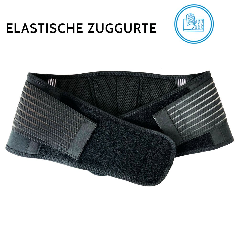 Cintura di supporto lombare nera con cinghie elastiche e chiusure in velcro. Su sfondo bianco.