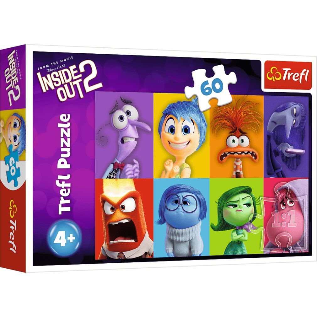 Scatola puzzle con il motivo di "Inside Out 2". Contiene 60 pezzi. Marchio Trefl. Età consigliata 4+.