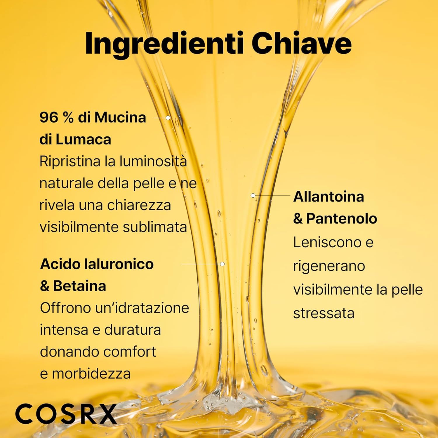 Liquido con testo: 96% mucina di lumaca, acido ialuronico, allantoina. COSRX.