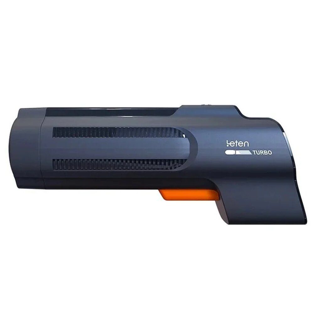 Dispositivo nero con dettagli arancioni. Scritta "leten TURBO". Fessure di ventilazione laterali e forma angolare.