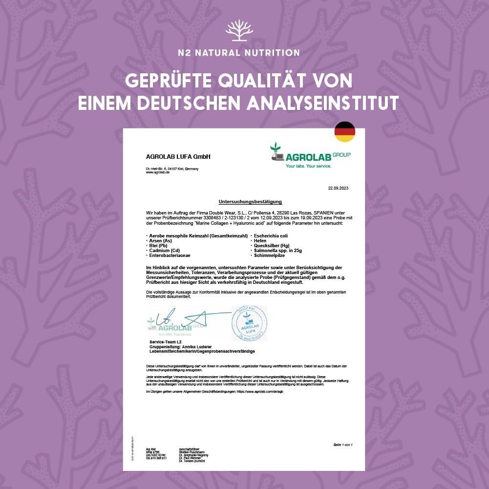 Certificato di Agrolab LUFA GmbH. Qualità controllata. Collagene marino in capsule.