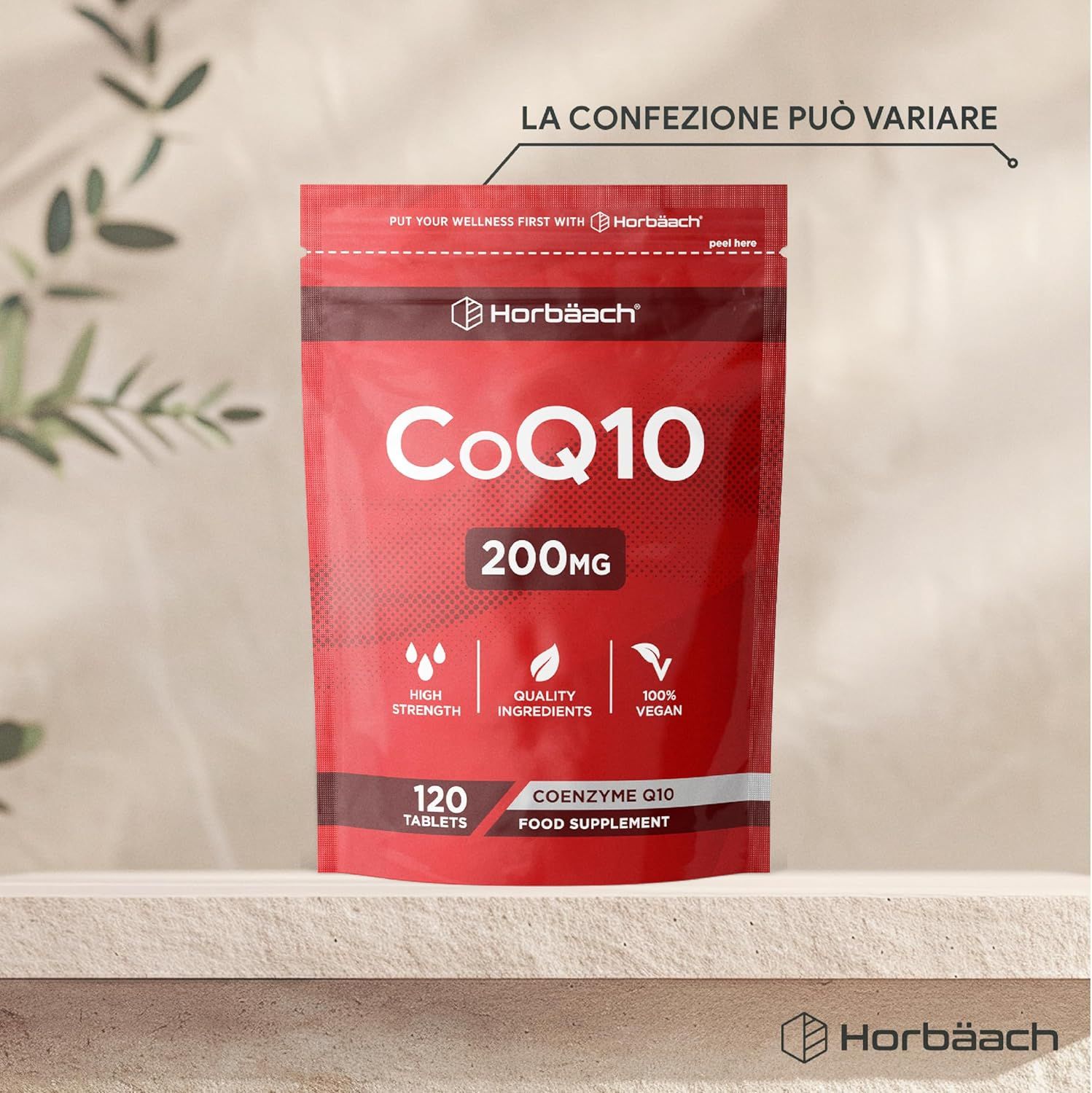 Busta di CoQ10 200mg, 120 compresse. Marchio: Horbaach. Confezione rossa.