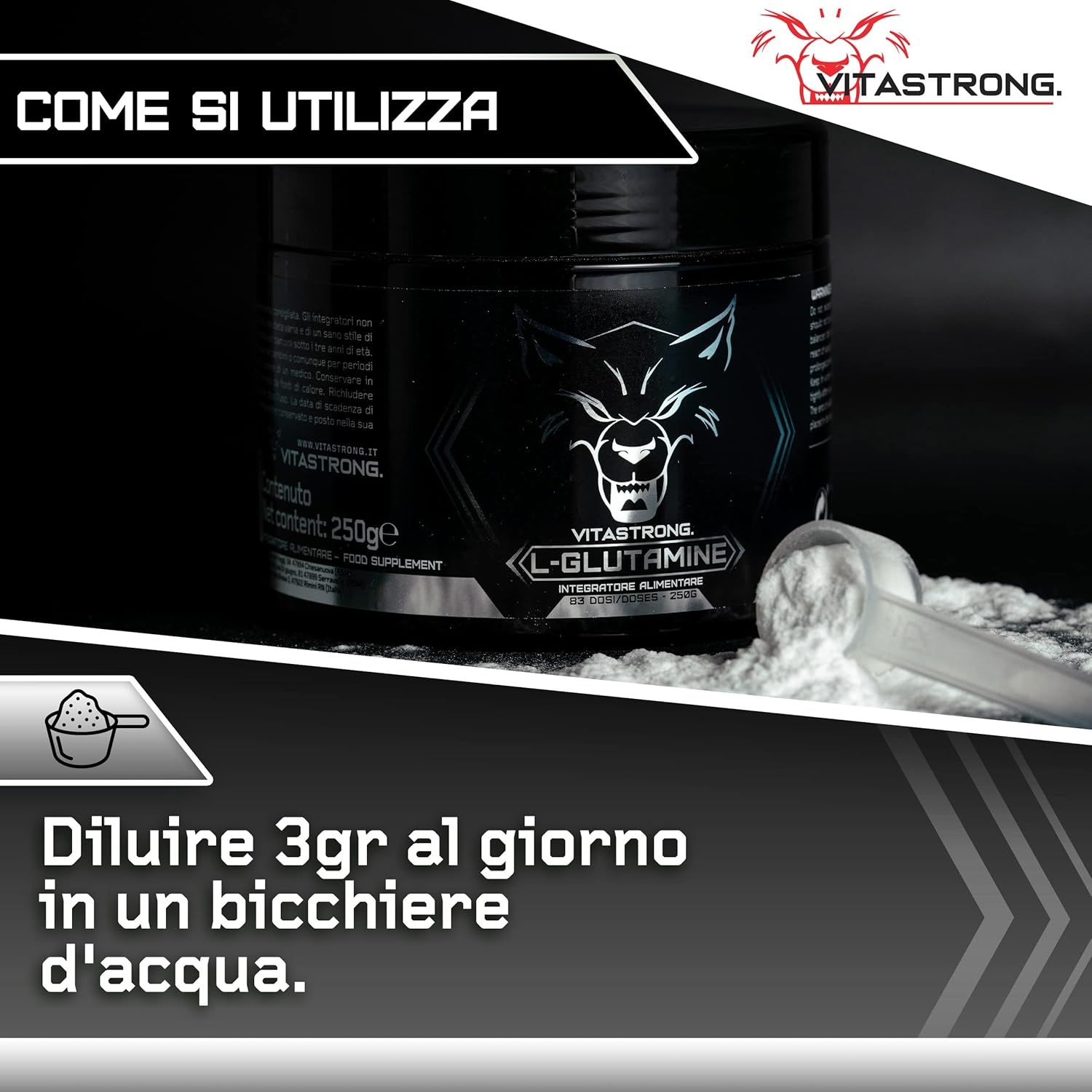 Prodotto con testo. Vitastrong L-Glutammina. Logo lupo. Istruzioni: sciogliere 3g in acqua.