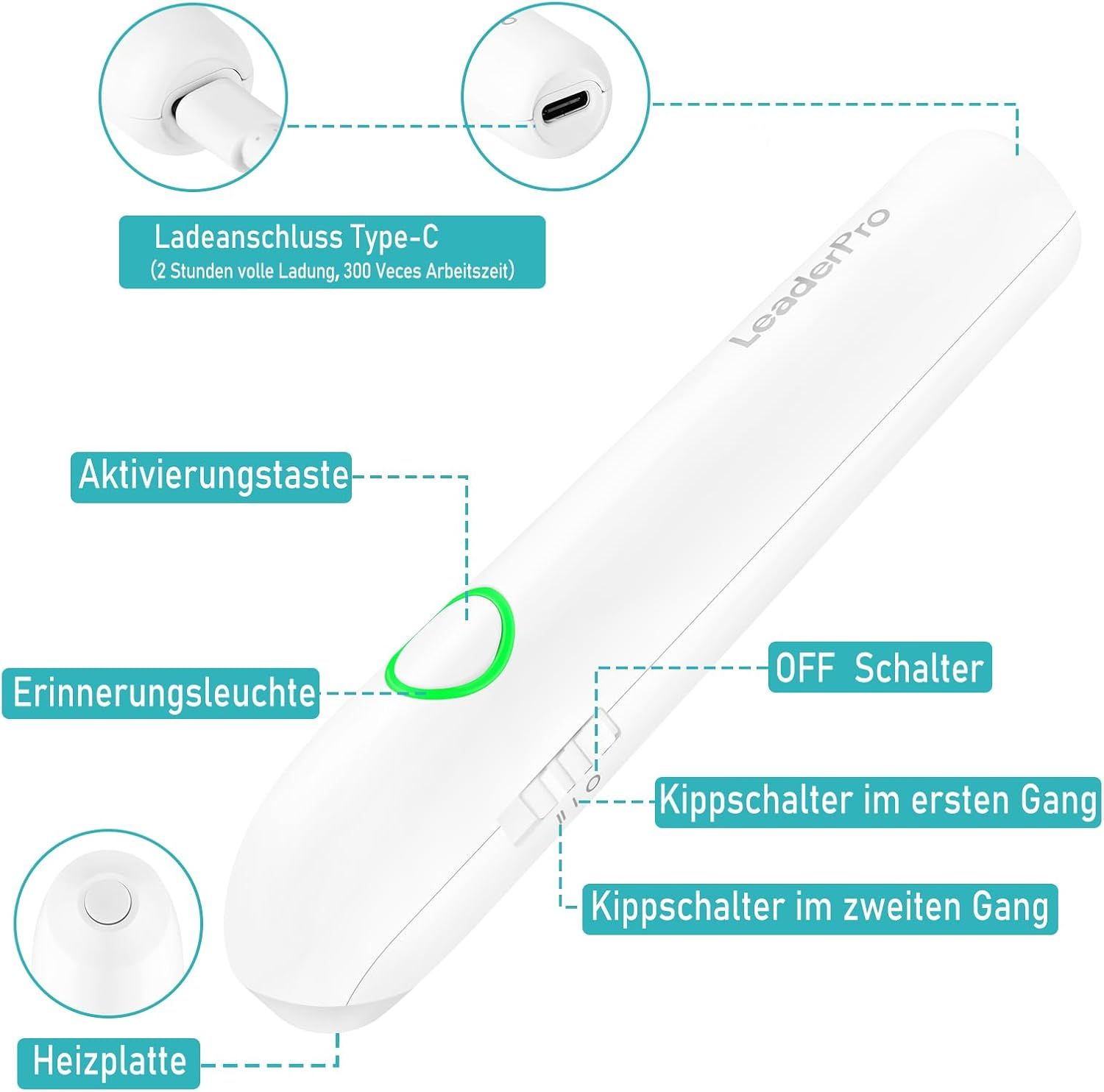 LeaderPro, dispositivo per punture d'insetti. Bianco, con pulsante di attivazione, interruttore, piastra riscaldante e porta di ricarica.