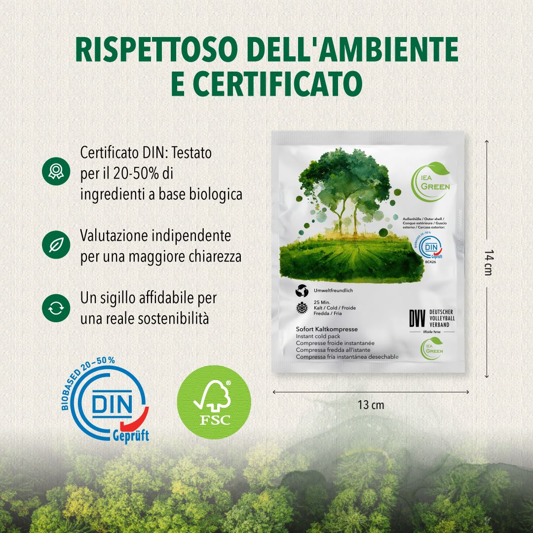 Impacco freddo con logo IEA Green. Certificazione DIN, marchio FSC. Dimensioni: 13x14 cm. Testo: Ecologico e certificato.