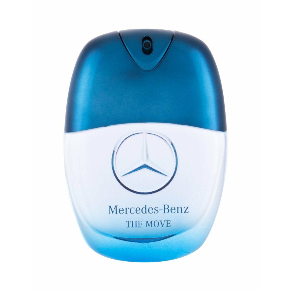Flacone blu e bianco con il logo Mercedes-Benz e la scritta "THE MOVE".