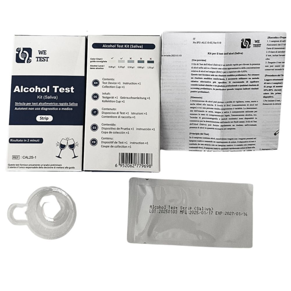 Kit We Test per test alcolico salivare. Confezione aperta con striscia reattiva, bicchiere e istruzioni. Contiene testo e loghi.