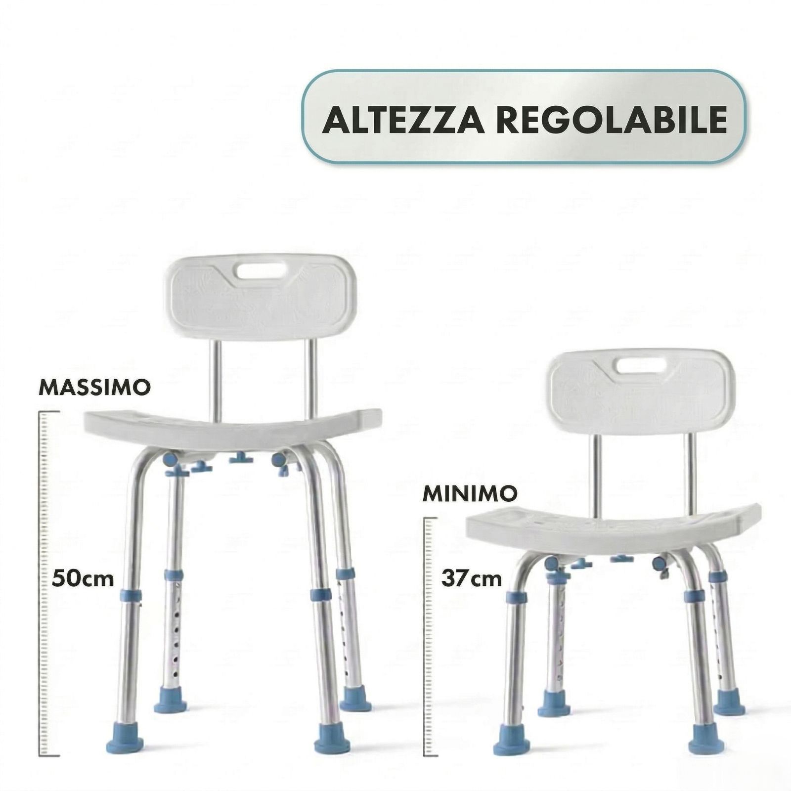 Sedia da doccia con schienale. Regolabile in altezza. Altezza massima e minima.