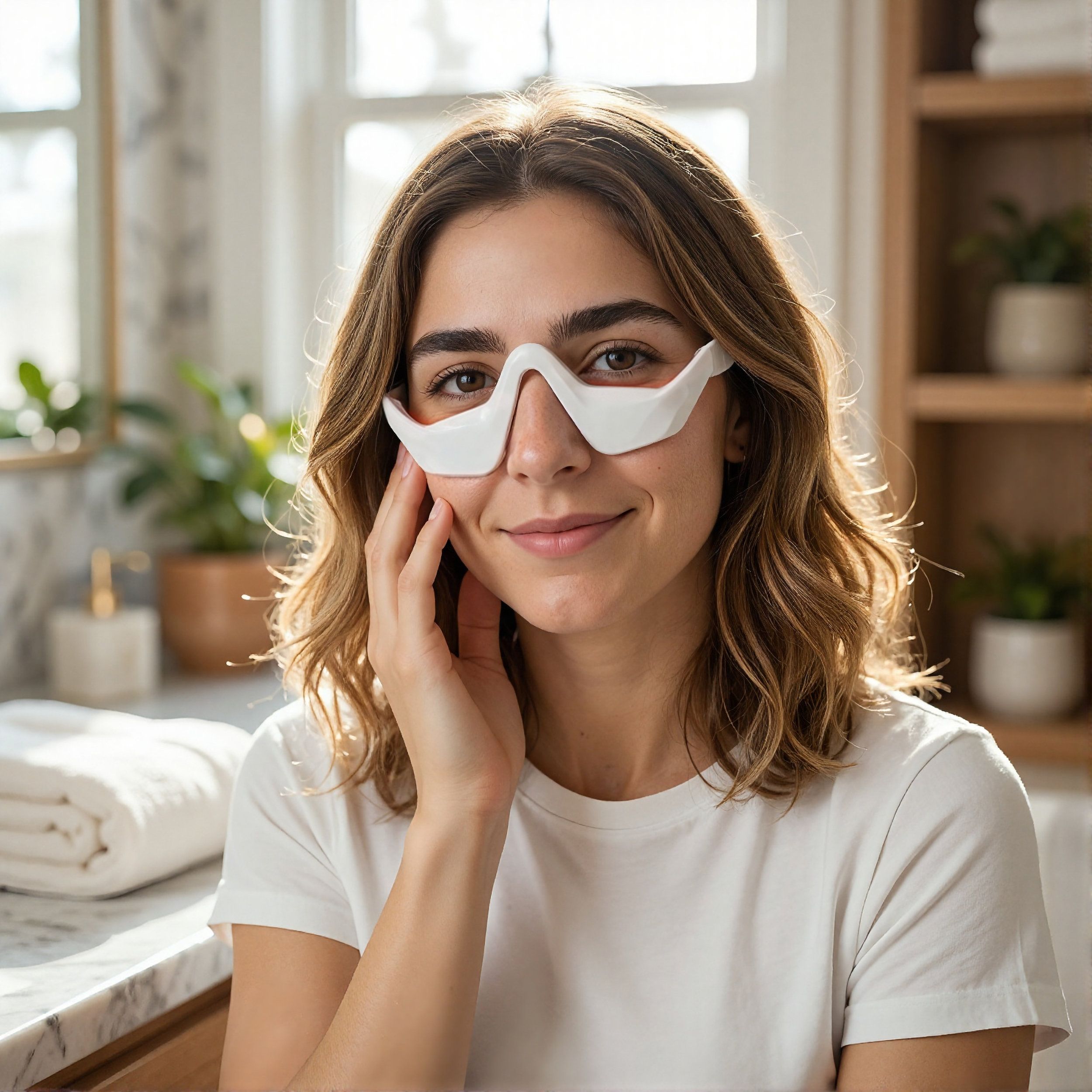 Dispositivo bianco per occhi. Donna lo indossa in bagno. Il dispositivo copre il contorno occhi.