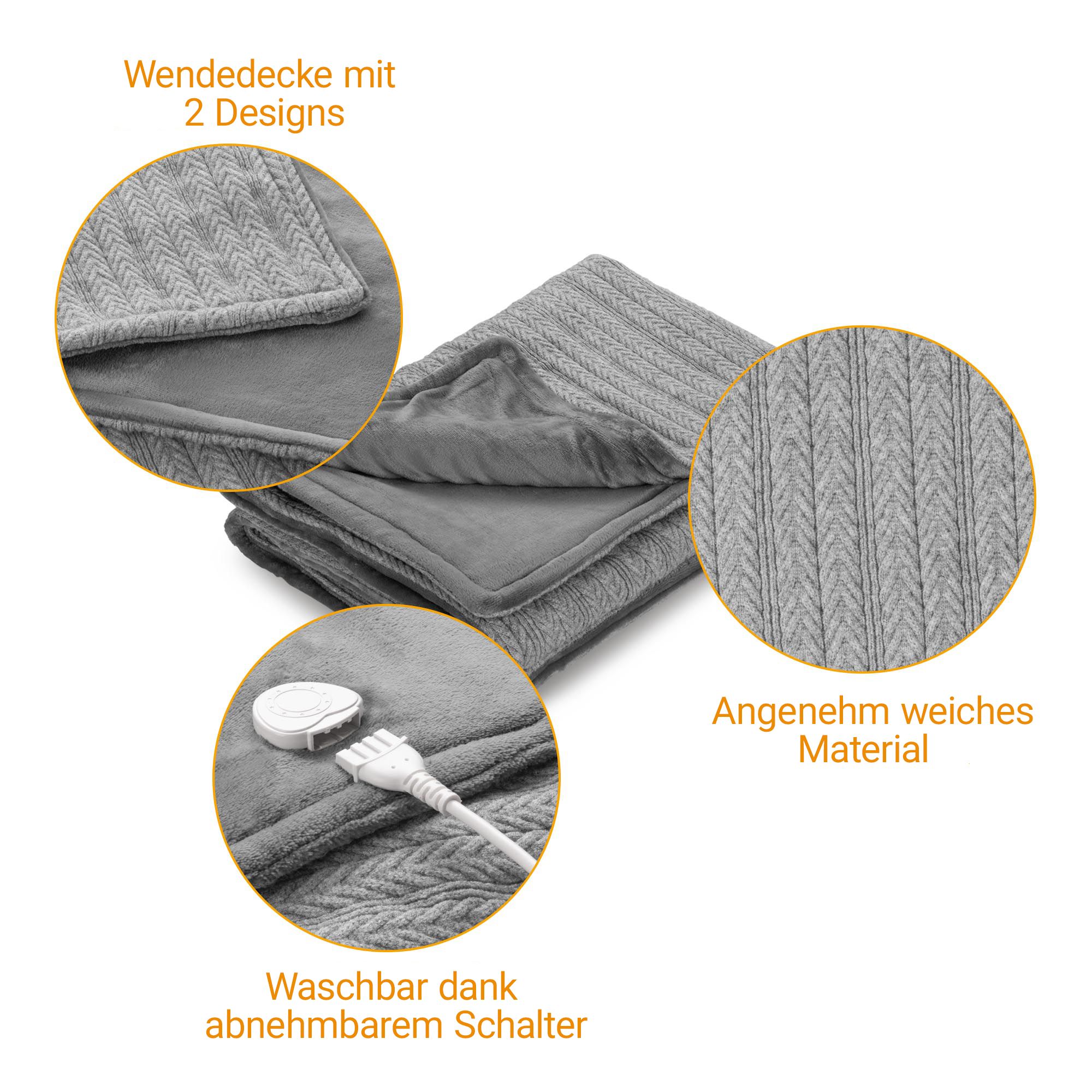 Coperta riscaldante grigia: reversibile, materiale morbido, interruttore rimovibile, motivo a treccia.