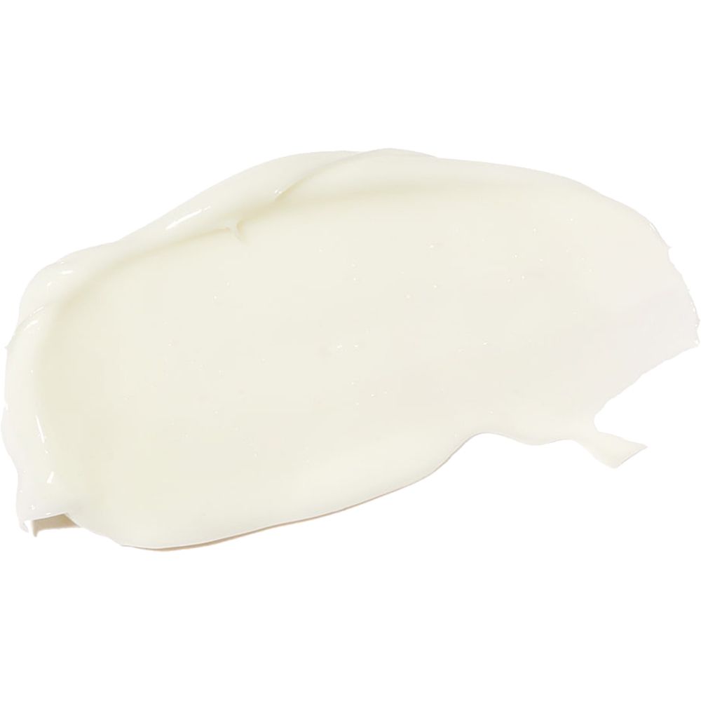 Crema spalmata, bianca. Consistenza visibile. Nessun imballaggio o nome del prodotto.