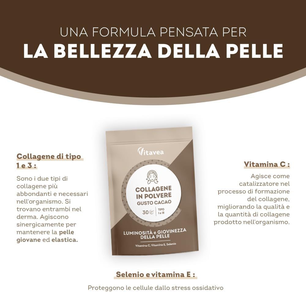 Busta beige di Vitavea Kollagenpulver al gusto cacao. Contiene collagene tipo 1 e 3, vitamina C, E e selenio.