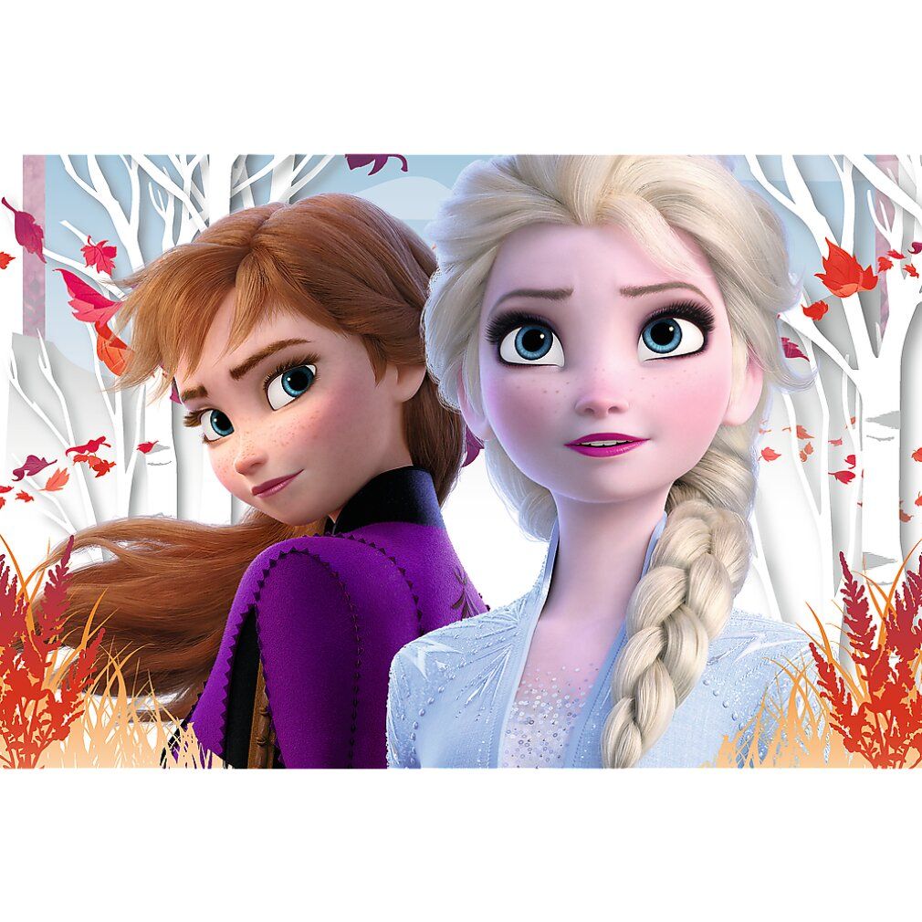 Puzzle con Anna ed Elsa di Frozen II. Sfondo con alberi e foglie autunnali. Senza confezione.