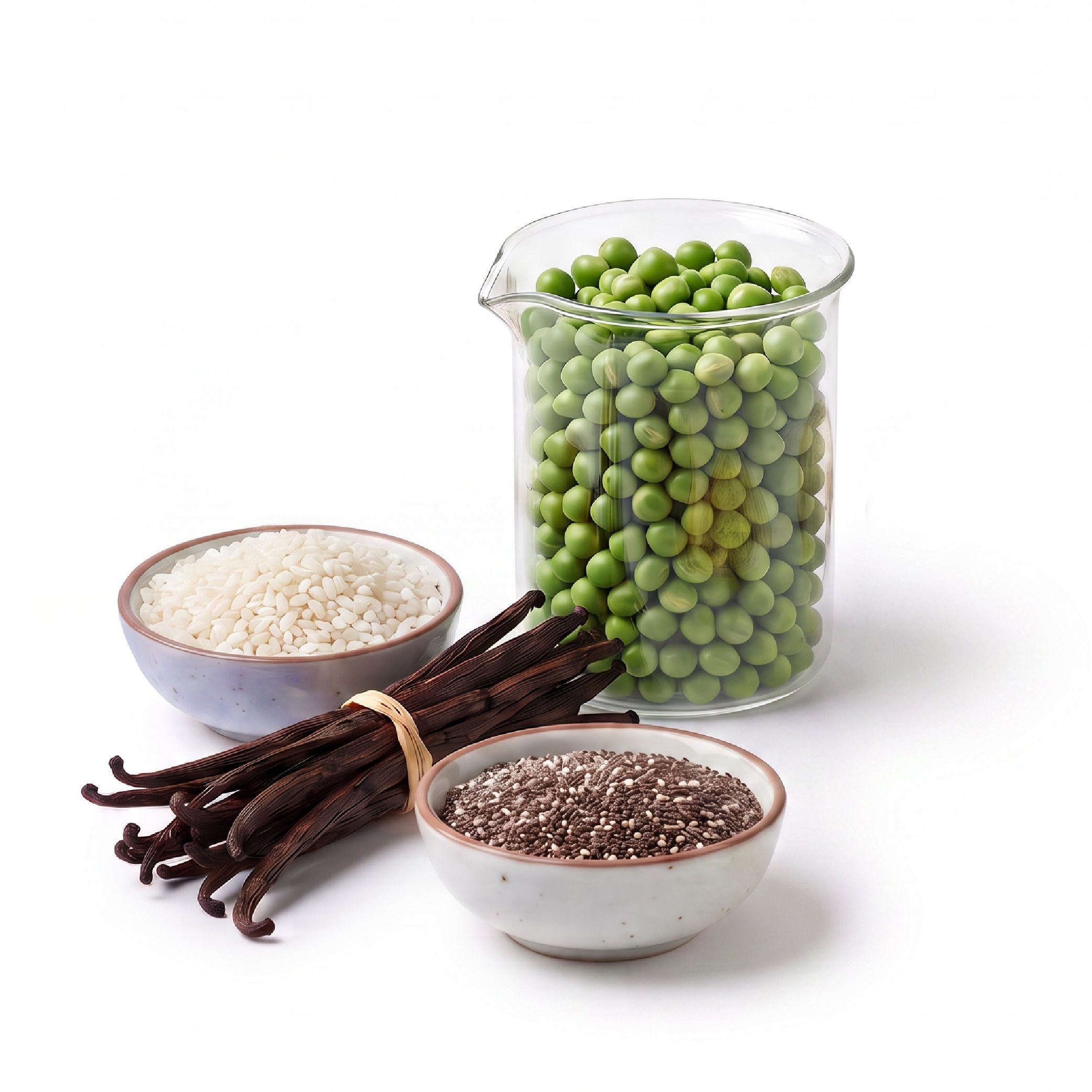 Ingredienti per proteine vegane in polvere: piselli, riso, baccelli di vaniglia e semi di chia.